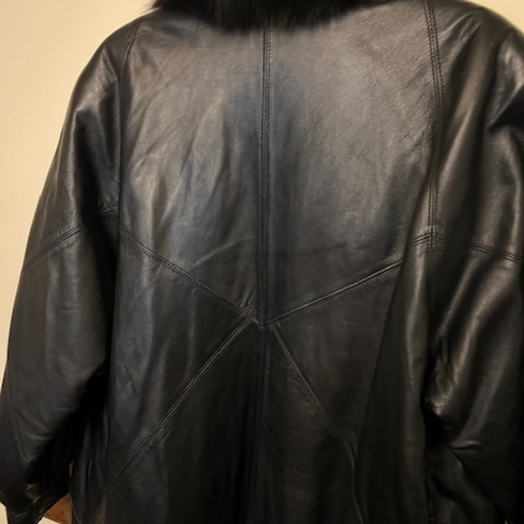 floor length dolman sleeve black leather with fox fur coat Medium , Large 12-14 - Picture 7 of 9